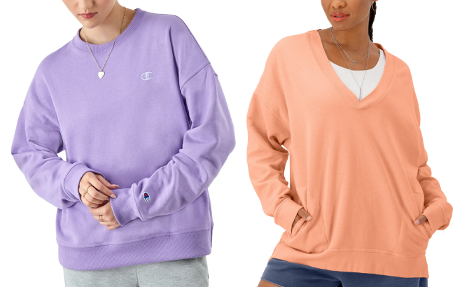 Champion Womens Powerblend C Logo Sweatshirt and Oversized V Neck Vintage Wash Pullover