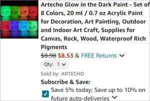 Checkout page of Artecho Glow in the Dark Paint