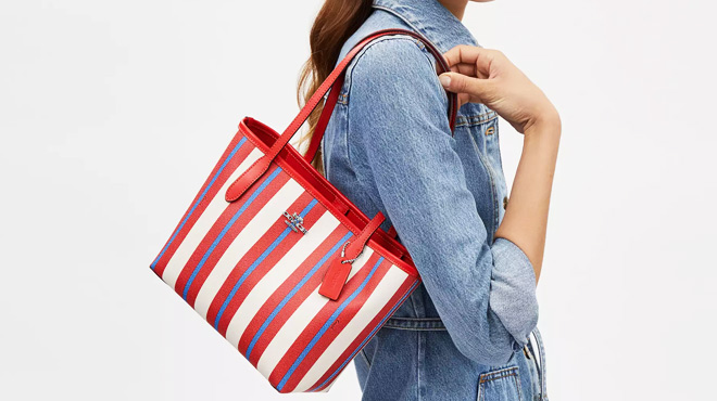 Coach Outlet Small City Tote With Stripe Print