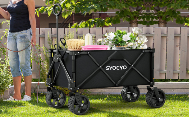 Collapsible Foldable Wagon Cart Filled with Gardening Tools