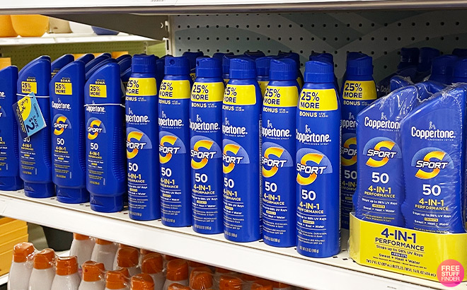 Coppertone Sport Continuous Sunscreen Sprays on Shelf
