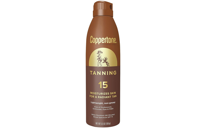 Coppertone Tanning Sunscreen Spray on a Plain Background