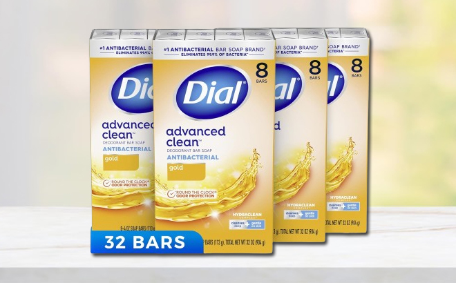 Dial 32 Count Antibacterial Bar Soaps on a Table