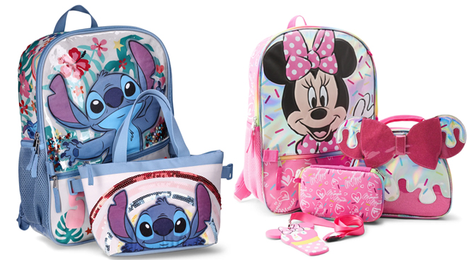 Disney Lilo Stitch Childrens Smile Laptop Backpack with Lunch Bag 2 Piece Set and Disney Minnie Mouse Girls 4 Piece Backpack with Lunch Bag Set