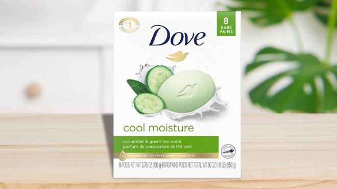 Dove Moisturizing Skin Bar Soap 8 Pack on a Table