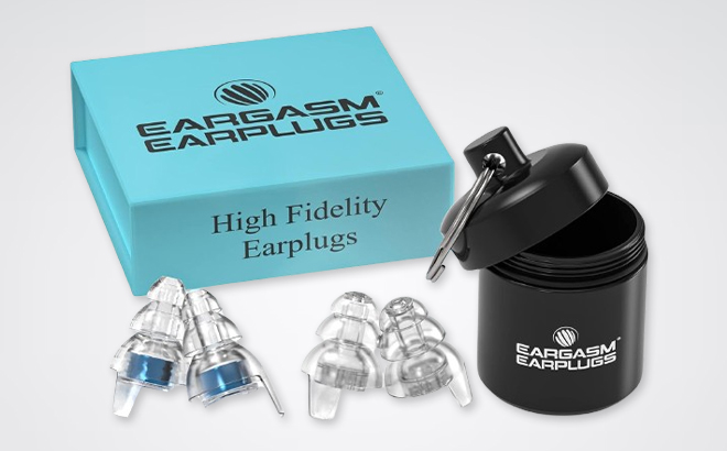 Eargasm High Fidelity Earplugs on a Gray Background