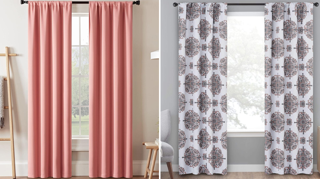 Eclipse Single Panel Rod Pocket Blackout Curtains on the left and Eclipse Olivia Rod Pocket 37 x 84 Curtains on the right