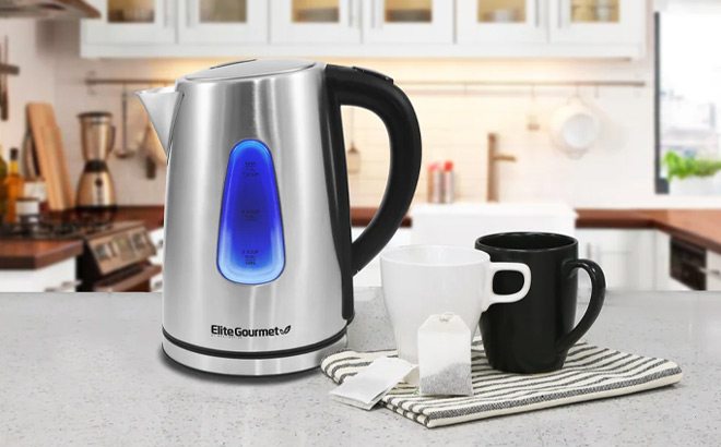 Elite Gourmet Stainless Steel Cordless Electric Kettle on the Table