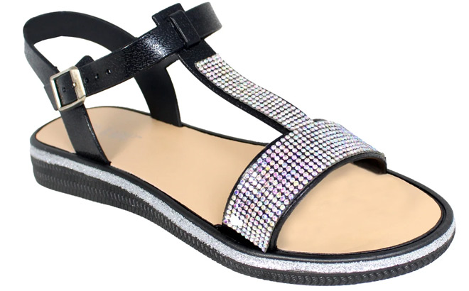 Fifth Luxe Womens Strappy Rhinestone Glitter Flat Sandals