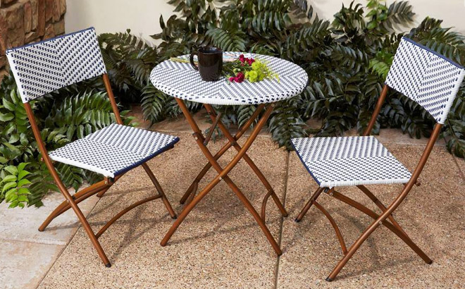 French Caf 3 Piece Wicker Outdoor Patio Folding Bistro Set