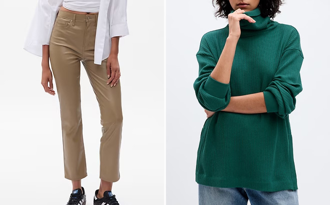 GAP Womens High Rise Vegan Leather Vintage Slim Pants and T Shirt