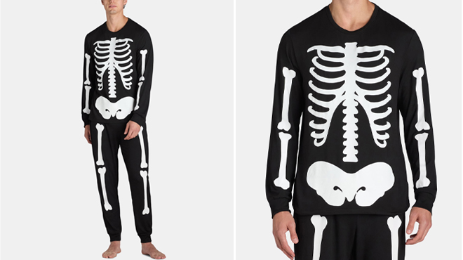 Halloween Mens Glow In The Dark Skeleton Pajama Set