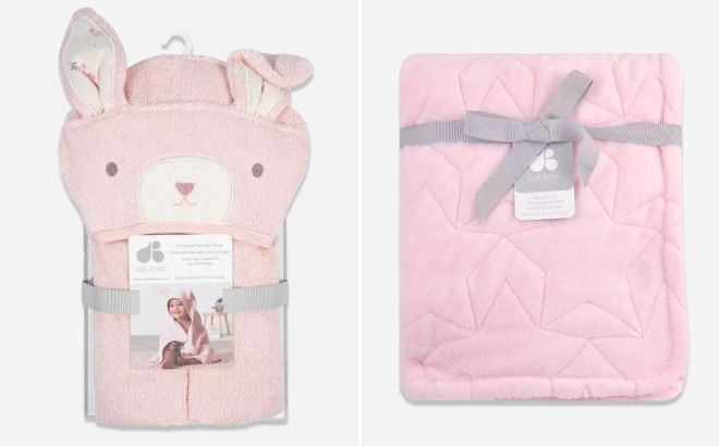Just Born Animal Hooded Bath Wrap and Pink Star Plush Blanket