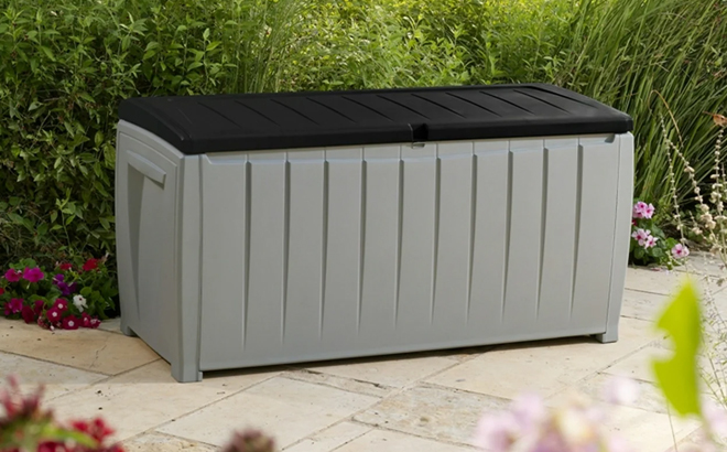 Keter Novel 90 Gallon Resin Storage Deck Box in Black and Gray