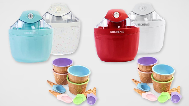 Kitchen HQ Ice Cream Makers with Cups and Spoons on Gray Background