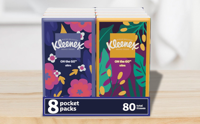 Kleenex On The Go Facial Tissues 80 Count on a Table