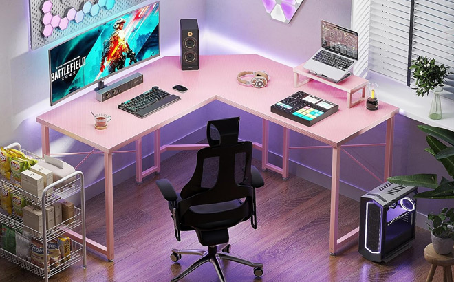 L Shaped Gaming Desk with Monitor Stand in Pink Color