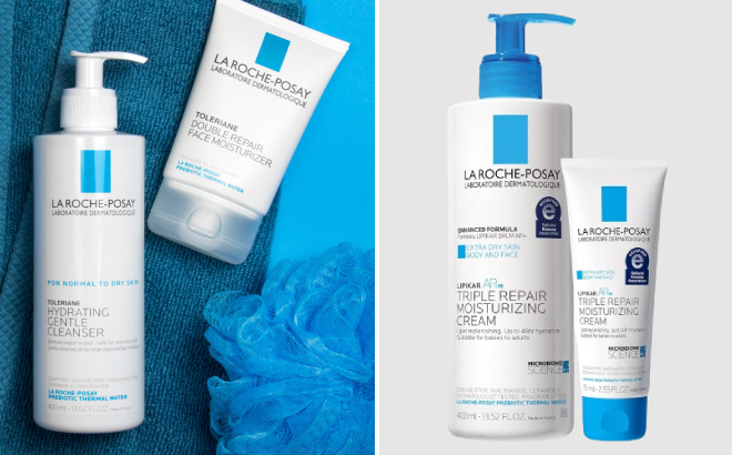 La Roche Posay Toleriane Cleanser Moisturizer Set and Lipikar Moisturizing Lotion Full Size Travel Size Set