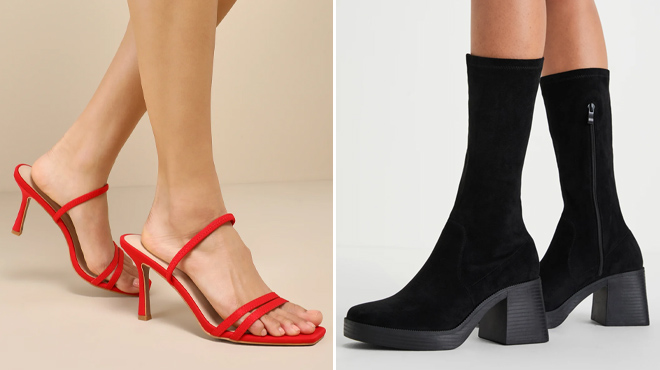 Lulus Manette Slingback High Heel Sandals and Amoire Black Suede Platform Mid Calf Boots