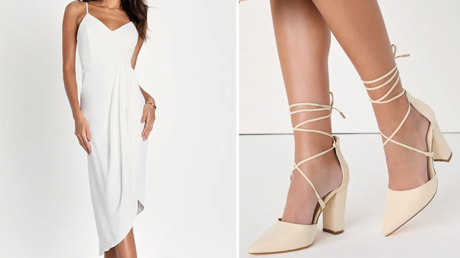 Lulus Reinette White Midi Dress and Luna Light Nude Suede Lace Up Heels