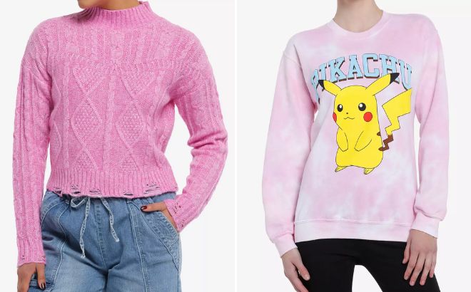 Magenta Cable Knit Girls Crop Sweater and Pokemon Pikachu Puff Print Tie Dye Girls Sweatshirt