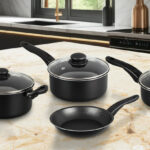 Mainstays 7 Piece Non Stick Cookware Set on a Kitchen Countertop