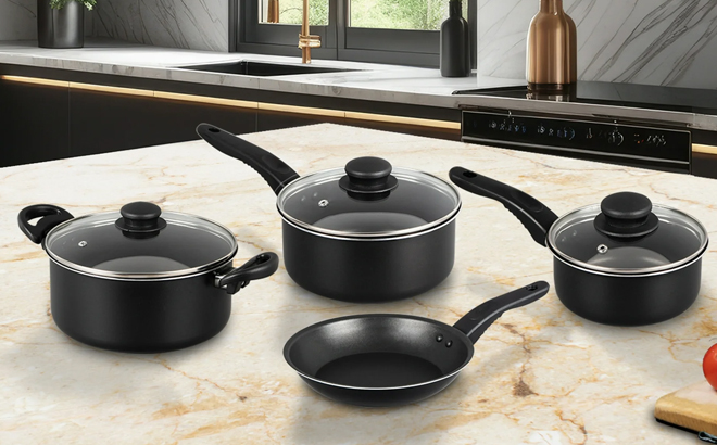 Mainstays 7 Piece Non Stick Cookware Set on a Kitchen Countertop