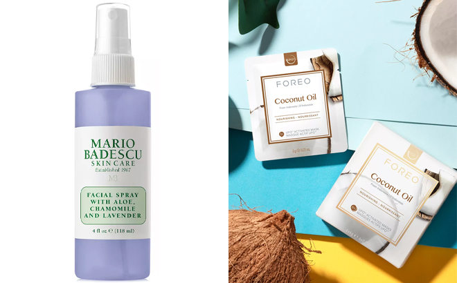 Mario badescu Facial Spray With Aloe Chamomile Lavender and Foreo Coconut Oil Farm To Face Sheet Mask