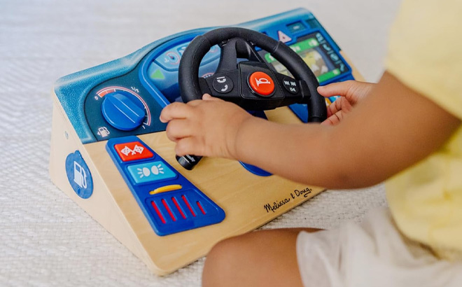 Melissa Doug Vroom Zoom Interactive Wooden Dashboard Steering Wheel Pretend Play Driving Toy