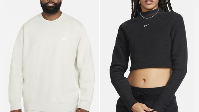 Nike Sportswear Club Fleece Mens Crew and Nike Womens Slim Cropped Cozy Fleece Top