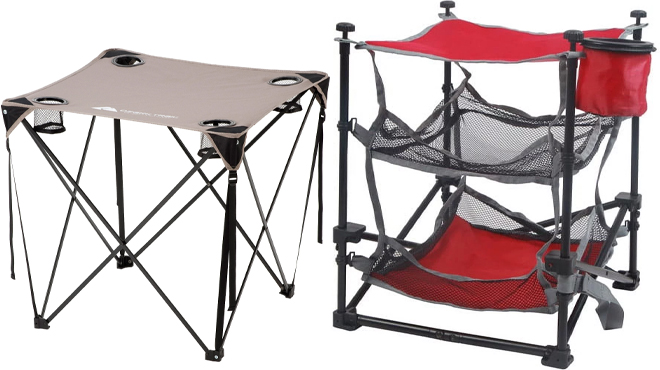 Ozark Trail Quad Folding Camp Table With Cup Holders and Ozark Trail 3 Shelf Camping Table