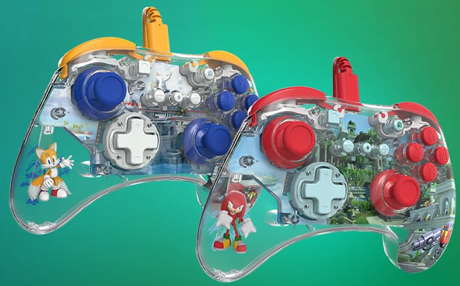 PDP REALMz Nintendo Switch Pro Controllers in Tails Seaside and Knuckles Theme