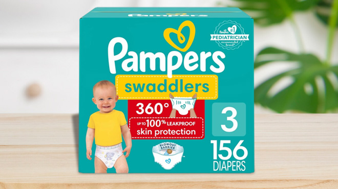 Pampers Swaddlers 360 Pull On Diapers 156 Count Pack on a Table