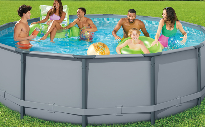 People Playing in a Funsicle 14 ft Round Metal Frame Swimming Pool