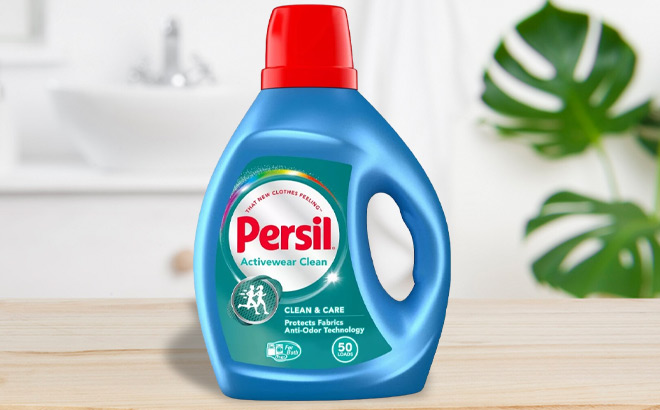 Persil Activewear Liquid Laundry Detergent 50 Loads on Bathroom Counter