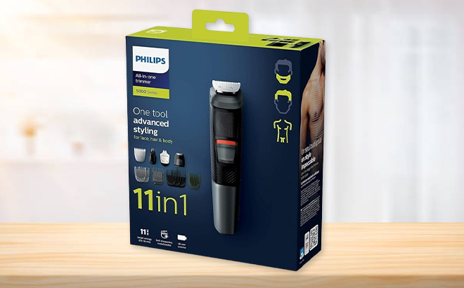 Philips Multigroom Series 5000 Face & Hair Groomer on a Table