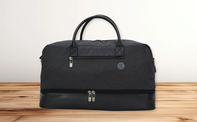 Protege 21 Inch Drop Bottom Weekender Travel Duffel Bag on a Table