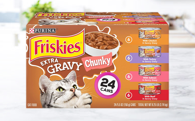 Purina Friskies Gravy Wet Cat Food 24 Variety Pack on a Kitchen Counter