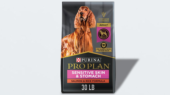 Purina Pro Plan Sensitive Skin and Stomach Dog Food 30 Pound Bag on Gray Background