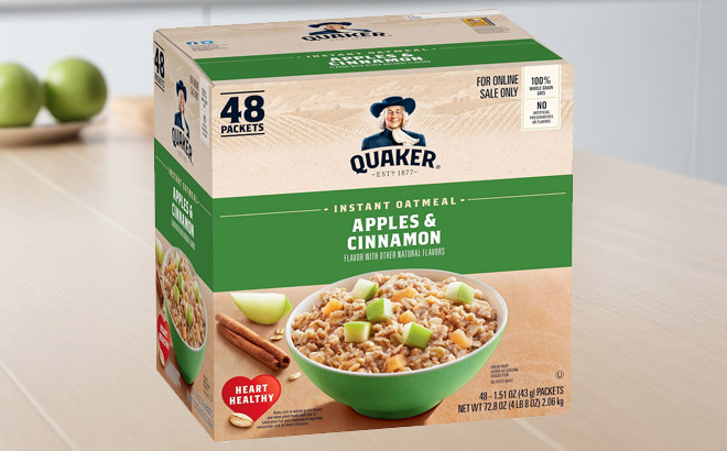 Quaker Instant Oatmeal Apples and Cinnamon 48 Pack on a Table