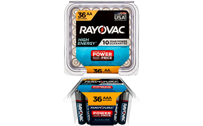 Rayovac High Energy AA Batteries AAA Batteries on a Plain Background