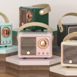 Retro Wireless Speakers on a Product Display Stand