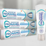 Sensodyne Pronamel Gentle Teeth Whitening Enamel Toothpaste Pack of Three on the Table