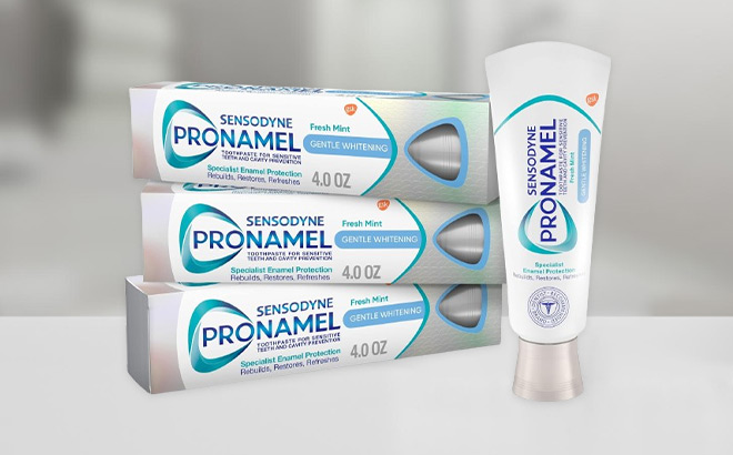 Sensodyne Pronamel Gentle Teeth Whitening Enamel Toothpaste Pack of Three on the Table