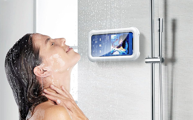 Shower Phone Holder placed on a Wall in a Shower