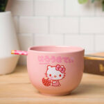 Silver Buffalo Sanrio Hello Kitty Strawberry Milk Japanese Character Ceramic Ramen Noodle Rice Bowl with Chopsticks