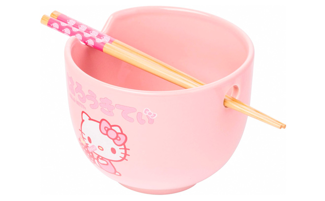 Silver Buffalo Sanrio Hello Kitty Strawberry Milk Japanese Character Ceramic Ramen Rice Bowl with Chopsticks