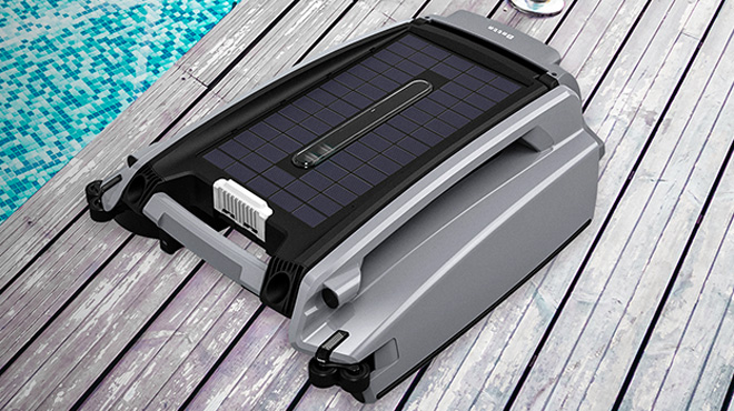 Solar Powered Robotic Pool Skimmer on a Pool Deck