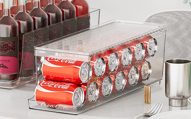 Stackable Soda Can Organizer with Lid Filled with Soda