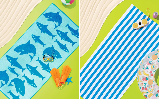 Sun Squad Shark Beach Towel and Striped Beach Towel